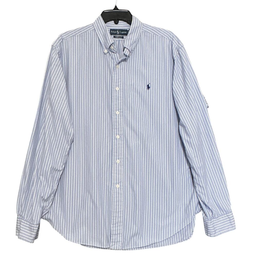 Ralph Lauren Classic Fit Striped Button Down Dress Shirt Blue White Men's XL